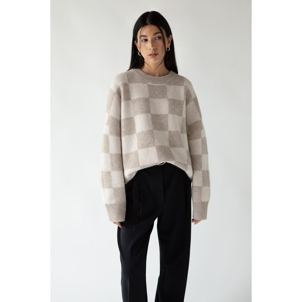 Oak + Fort Sweater Tan Beige Checkerboard XS S Oversized Minimalist Knit Capsule